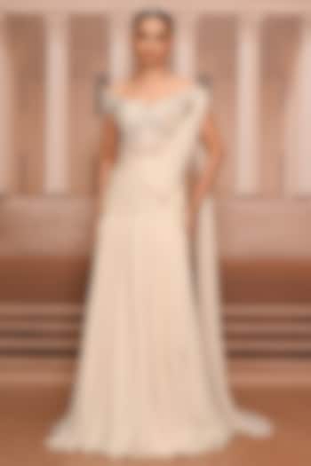 Ivory Chiffon & Lace Draped Concept Bridal Saree Set by Tarun Tahiliani at Pernia's Pop Up Shop