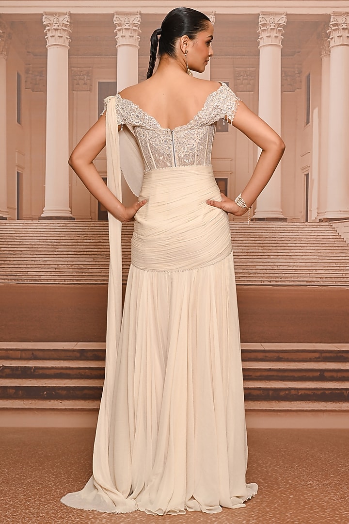 Ivory Chiffon & Lace Draped Concept Bridal Saree Set by Tarun Tahiliani at Pernia's Pop Up Shop