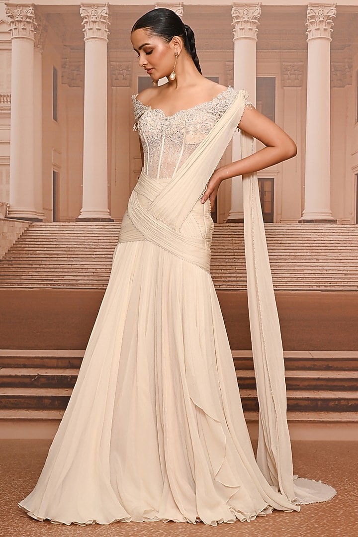 Ivory Chiffon & Lace Draped Concept Bridal Saree Set by Tarun Tahiliani at Pernia's Pop Up Shop