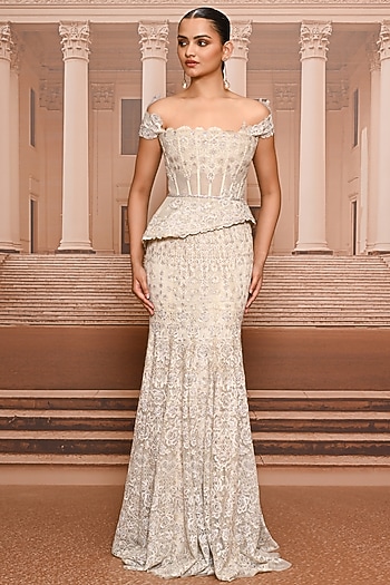 Ivory Tulle Lace Embroidered Lehenga Saree Set by Tarun Tahiliani