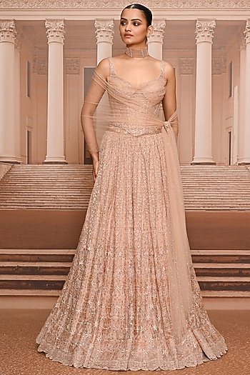 Blush Pink Tulle Crystal Embroidered Lehenga Set by Tarun Tahiliani