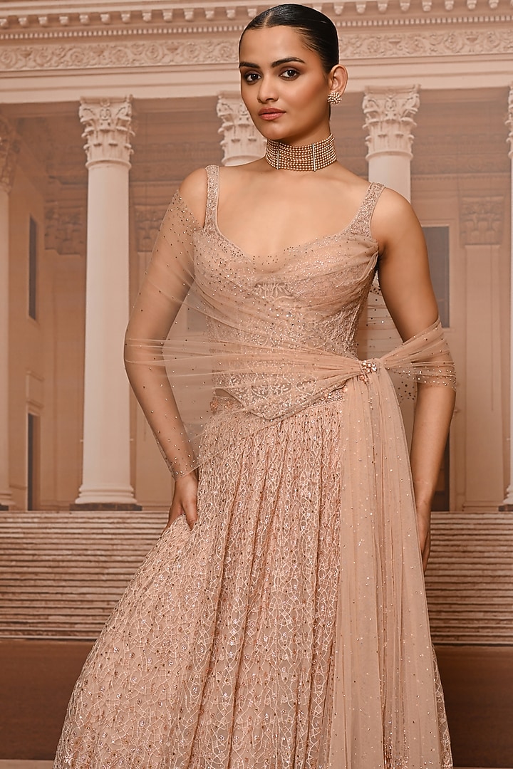 Blush Pink Tulle Crystal Embroidered Bridal Lehenga Set by Tarun Tahiliani at Pernia's Pop Up Shop