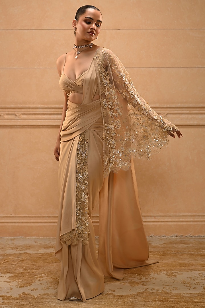 Golden Charmeuse Draped Bridal Saree Set by Tarun Tahiliani at Pernia's Pop Up Shop