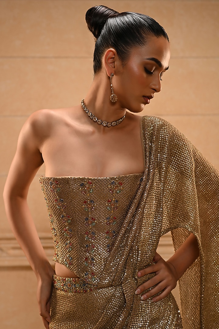 Golden Sequins Fringed Embellished Bridal Saree Set by Tarun Tahiliani at Pernia's Pop Up Shop