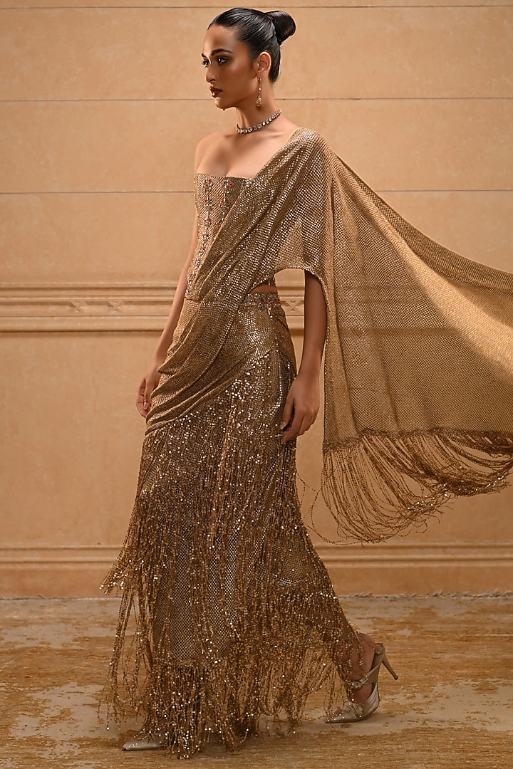 Golden Sequins Fringed Embellished Bridal Saree Set by Tarun Tahiliani at Pernia's Pop Up Shop