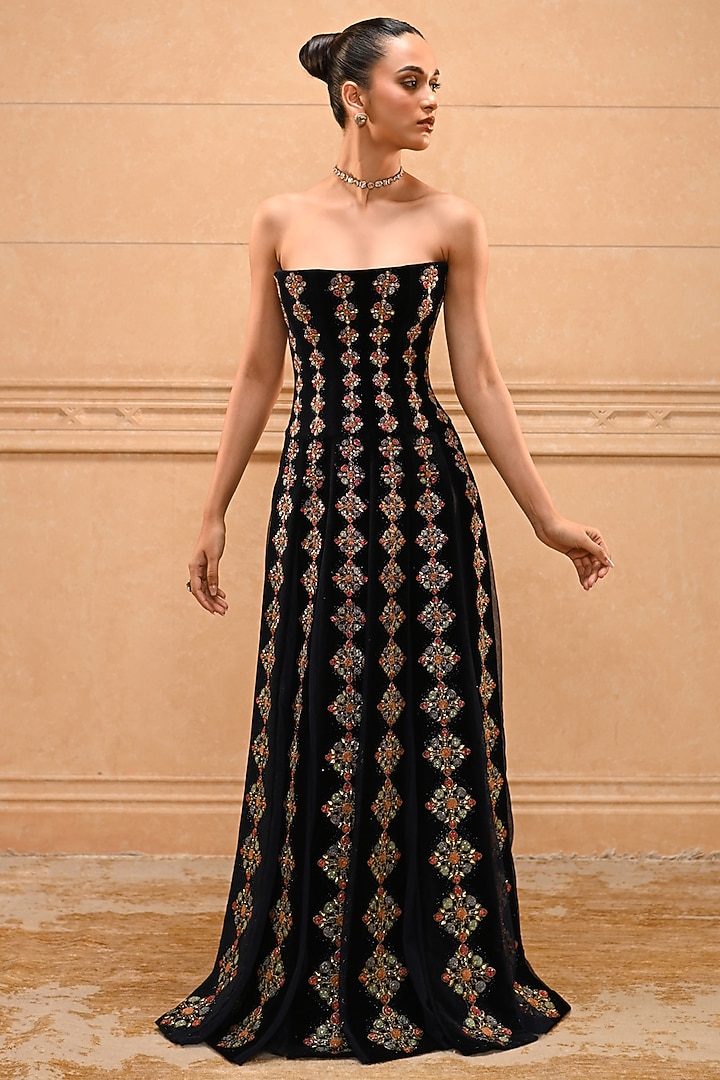 Deep Blue Cotton Velvet Gemstone Embroidered Bridal Gown by Tarun Tahiliani at Pernia's Pop Up Shop