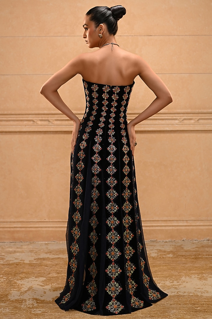 Deep Blue Cotton Velvet Gemstone Embroidered Bridal Gown by Tarun Tahiliani at Pernia's Pop Up Shop