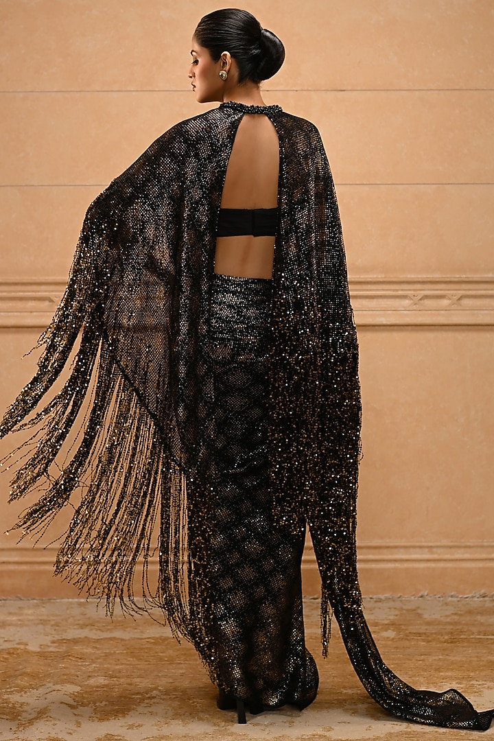 Black Tulle Crystal Embellished Draped Skirt Set by Tarun Tahiliani at Pernia's Pop Up Shop