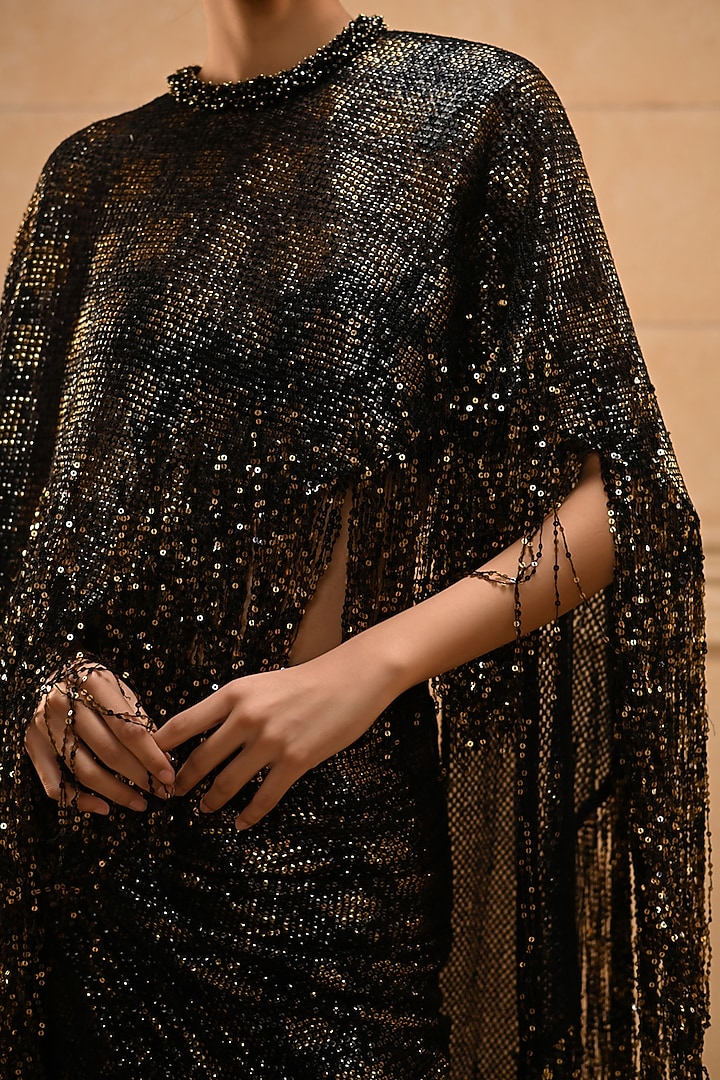 Black Tulle Crystal Embellished Draped Skirt Set by Tarun Tahiliani at Pernia's Pop Up Shop