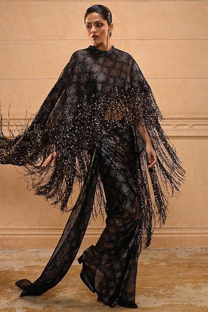 Black Tulle Crystal Embellished Draped Skirt Set by Tarun Tahiliani at Pernia's Pop Up Shop