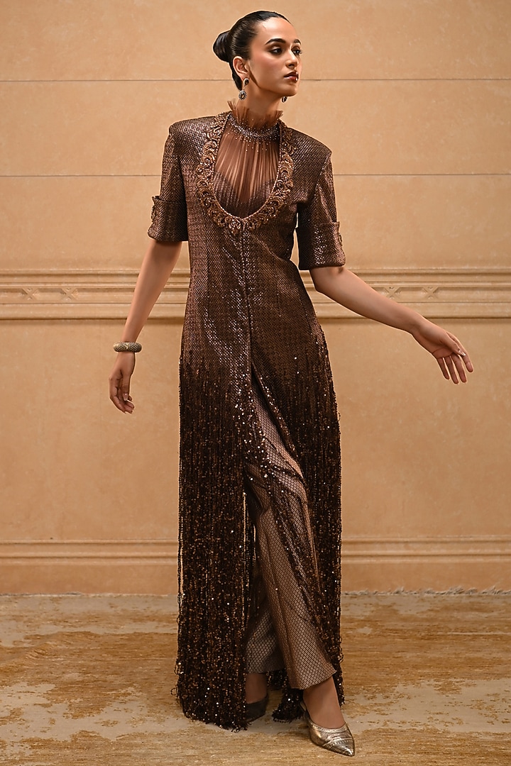 Brown Tulle Crystal Embellished Fringed Jacket Set by Tarun Tahiliani at Pernia's Pop Up Shop