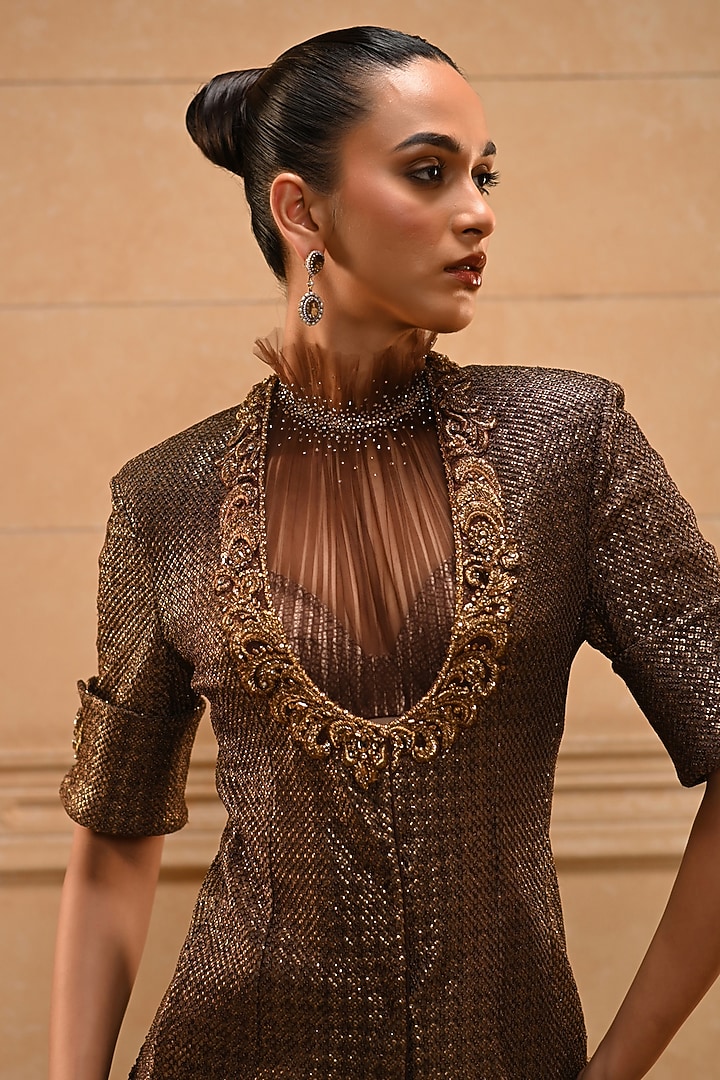 Brown Tulle Crystal Embellished Fringed Jacket Set by Tarun Tahiliani at Pernia's Pop Up Shop