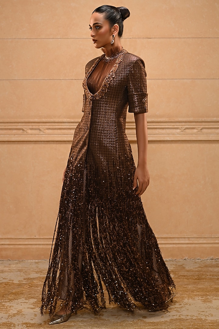 Brown Tulle Crystal Embellished Fringed Jacket Set by Tarun Tahiliani at Pernia's Pop Up Shop