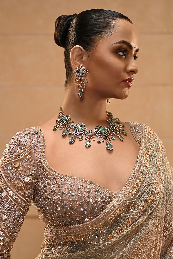 Aqua & Blush Indian Tulle Zardosi Embellished Bridal Saree Set by Tarun Tahiliani at Pernia's Pop Up Shop