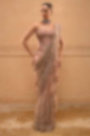 Salmon Pink Indian Tulle Sequins Embellished Bridal Saree Set by Tarun Tahiliani at Pernia's Pop Up Shop