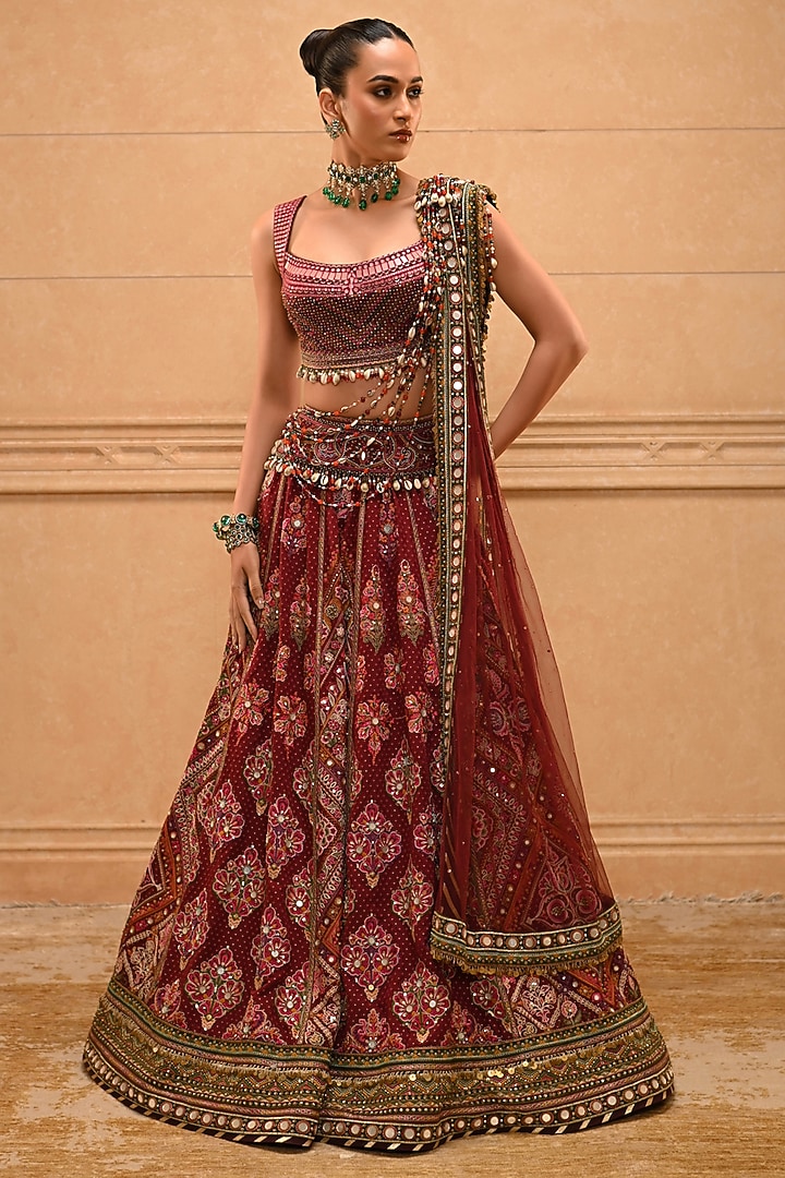 Maroon Cotton Jacquard Mirror Embroidered Bridal Lehenga Set by Tarun Tahiliani at Pernia's Pop Up Shop