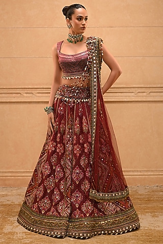 Maroon Cotton Jacquard Mirror Embroidered Lehenga Set by tarun tahiliani