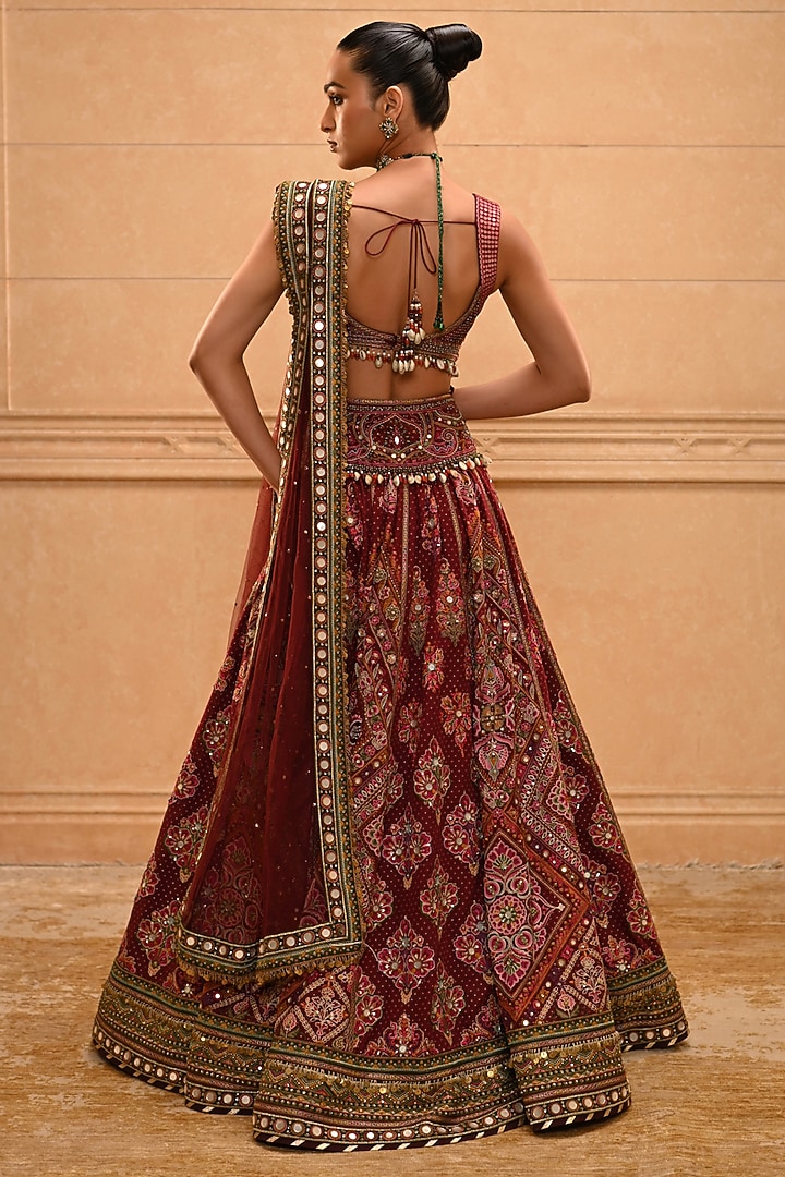 Maroon Cotton Jacquard Mirror Embroidered Bridal Lehenga Set by Tarun Tahiliani at Pernia's Pop Up Shop