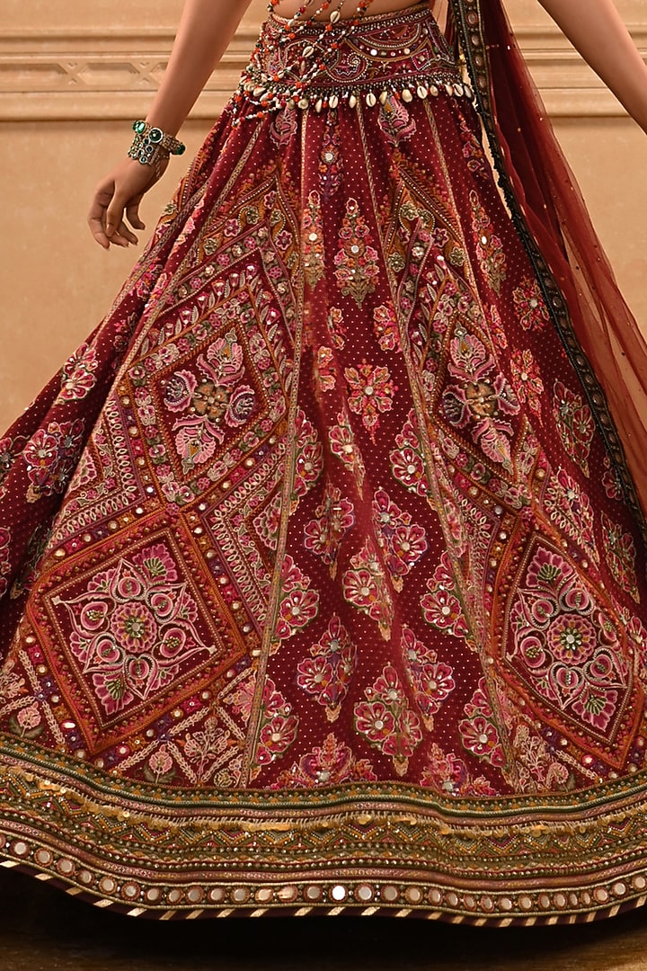 Maroon Cotton Jacquard Mirror Embroidered Bridal Lehenga Set by Tarun Tahiliani at Pernia's Pop Up Shop