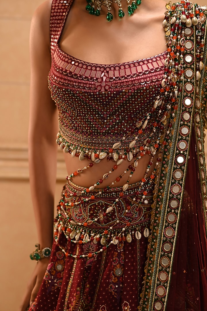 Maroon Cotton Jacquard Mirror Embroidered Bridal Lehenga Set by Tarun Tahiliani at Pernia's Pop Up Shop