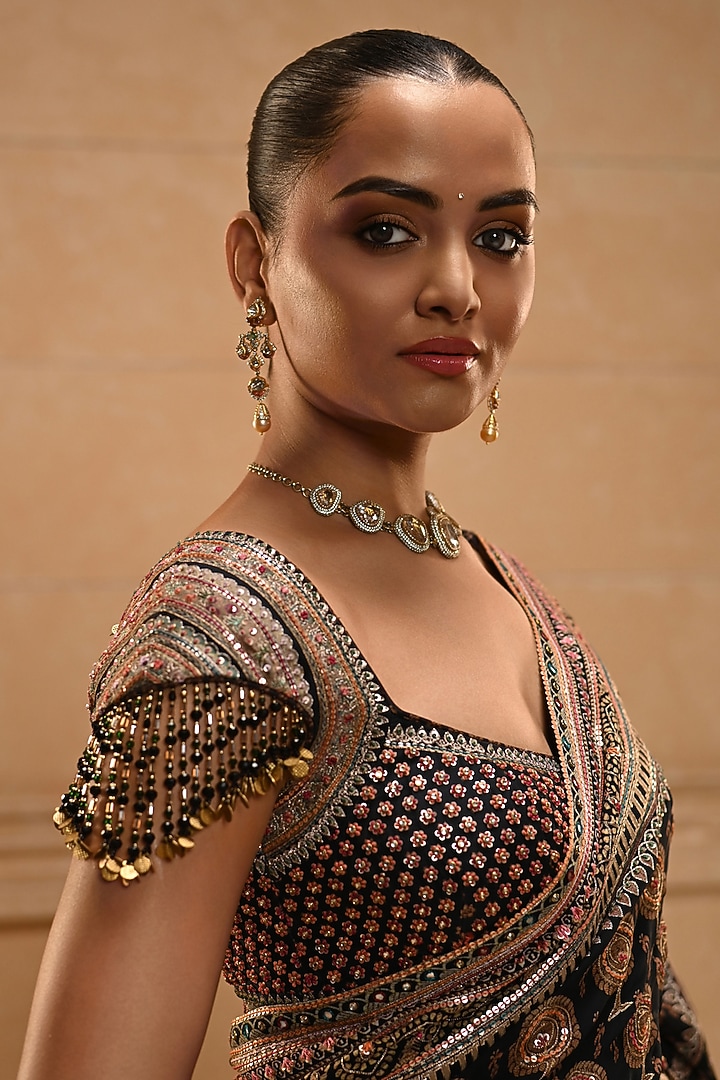 Black Georgette Sequins Embellished Bridal Saree Set by Tarun Tahiliani at Pernia's Pop Up Shop