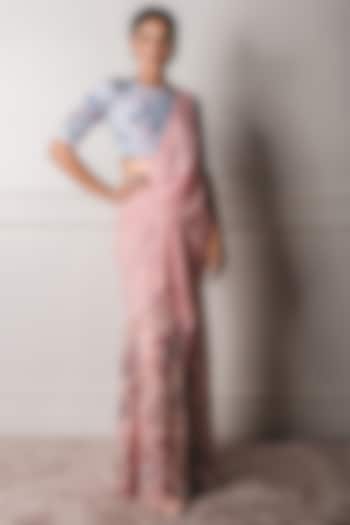 Blush Pink & Blue Printed Draped Saree Set by Tarun Tahiliani