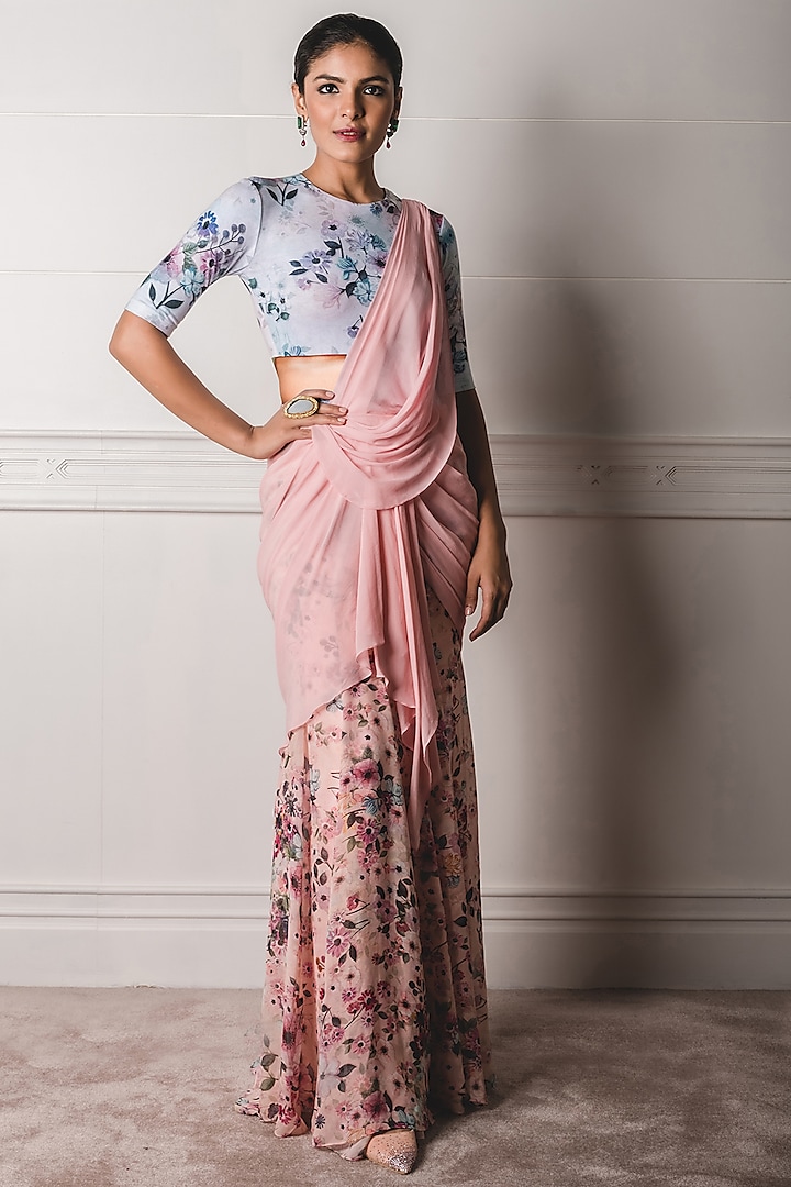 Blush Pink & Blue Printed Draped Saree Set by Tarun Tahiliani