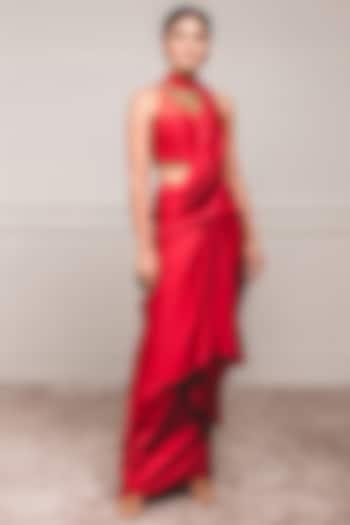 Red Embellished Draped Concept Saree Set by Tarun Tahiliani