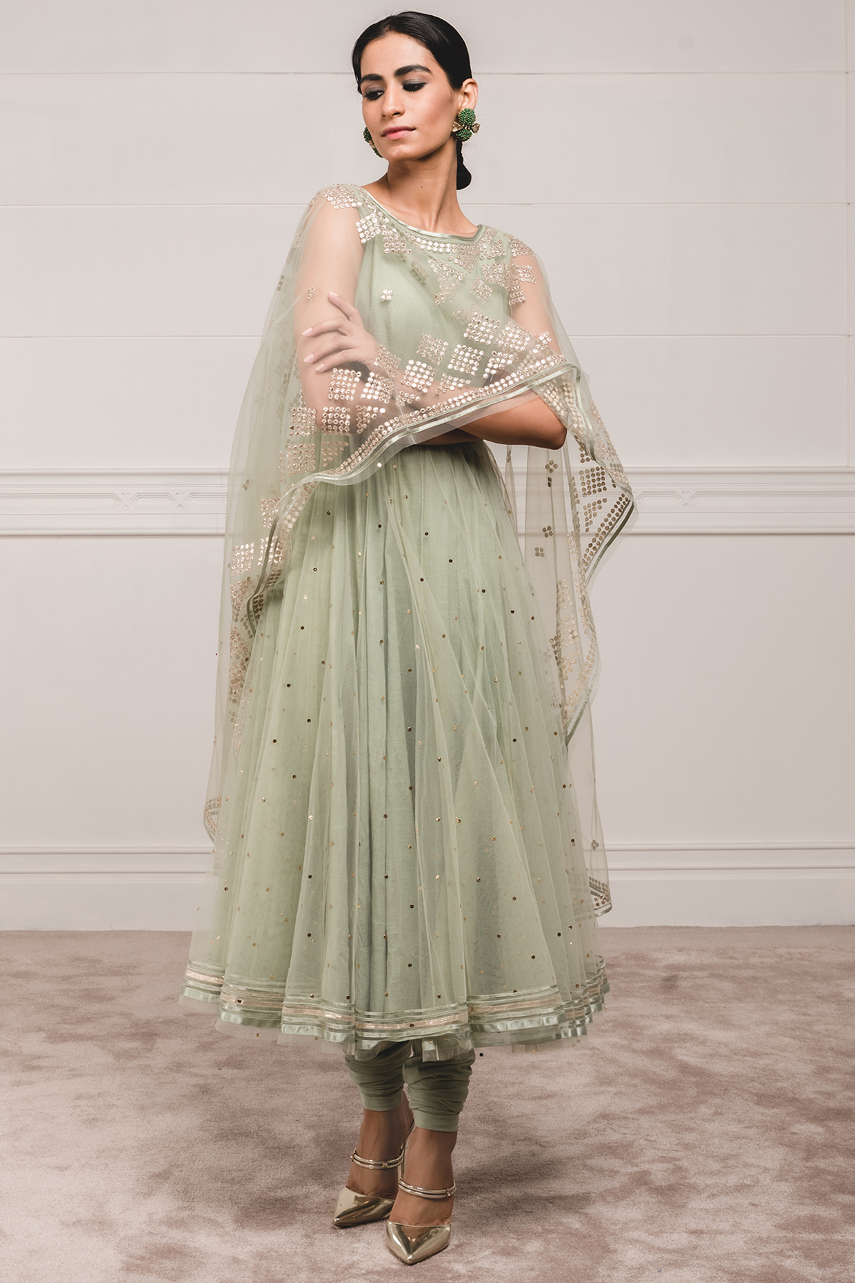 Sage Green Anarkali Set With Attached Dupatta by Tarun Tahiliani at Pernia's Pop Up Shop