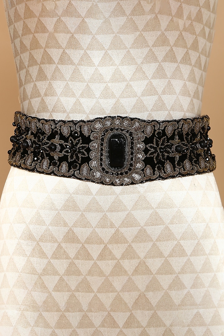 Black Embroidered Velvet Belt by Tarun Tahiliani Accessories