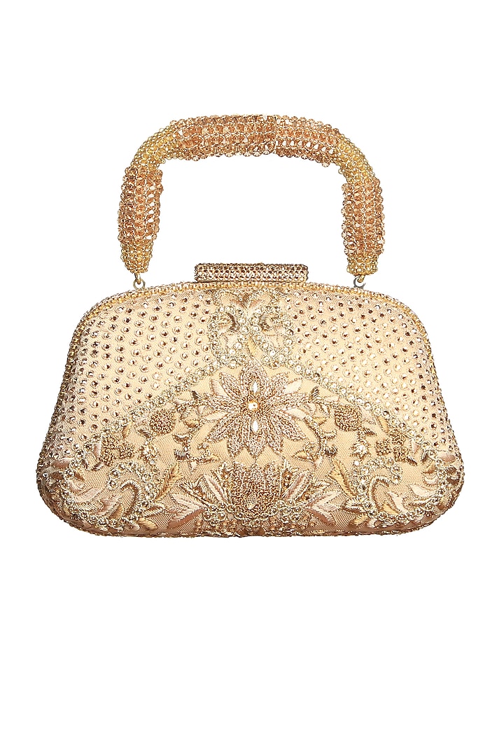 Beige Embroidered Clutch With Beaded Handle by Tarun Tahiliani
