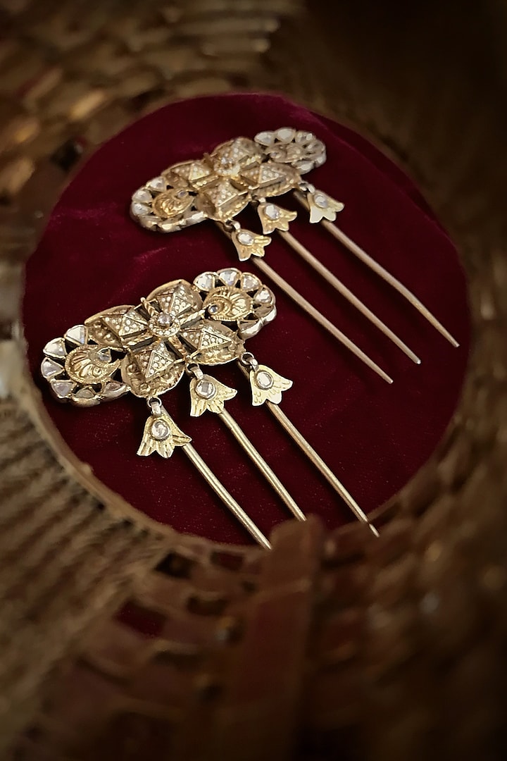 Gold Finish Zircon Hair Pins In Sterling Silver by Tarun Tahiliani