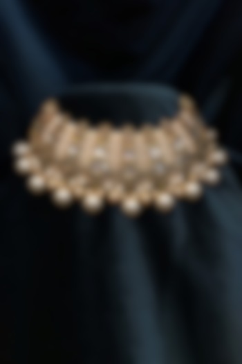 Gold Finish Pearl Mesh Necklace by Tarun Tahiliani Accessories at Pernia's Pop Up Shop