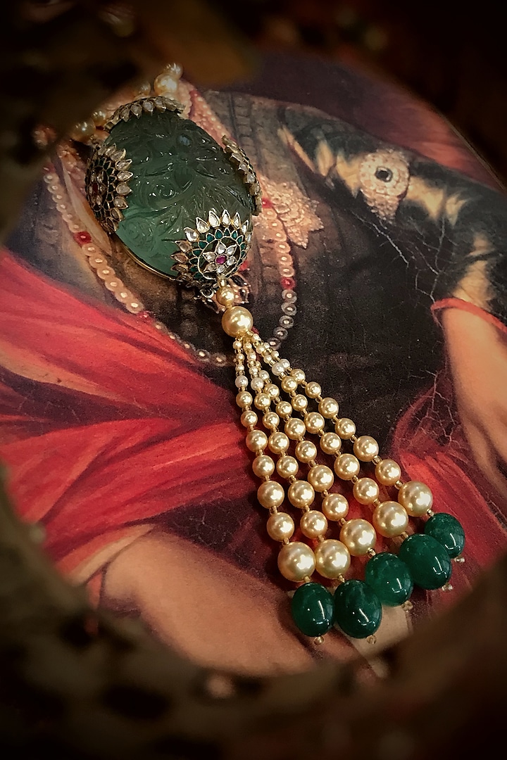 Gold Finish Swarovski Pearl Long Necklace by Tarun Tahiliani Accessories