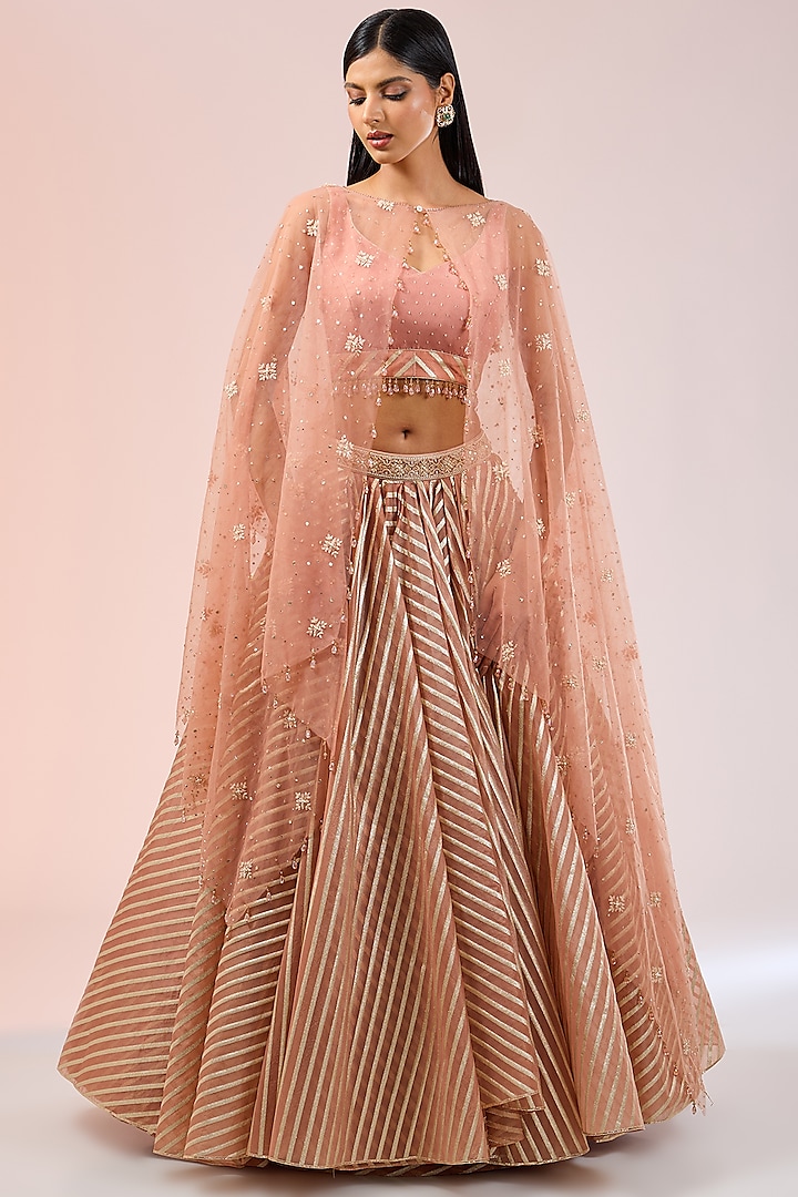 Dusty Pink Silk Jacquard Handwoven Cascading Jacket Bridal Lehenga Set by Tarun Tahiliani at Pernia's Pop Up Shop