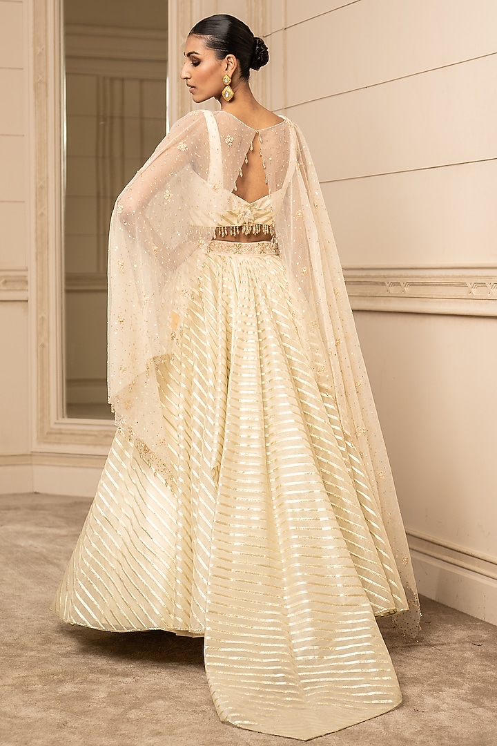 Ivory Gold Silk Jacquard Metallic Brocade Patti Bridal Lehenga