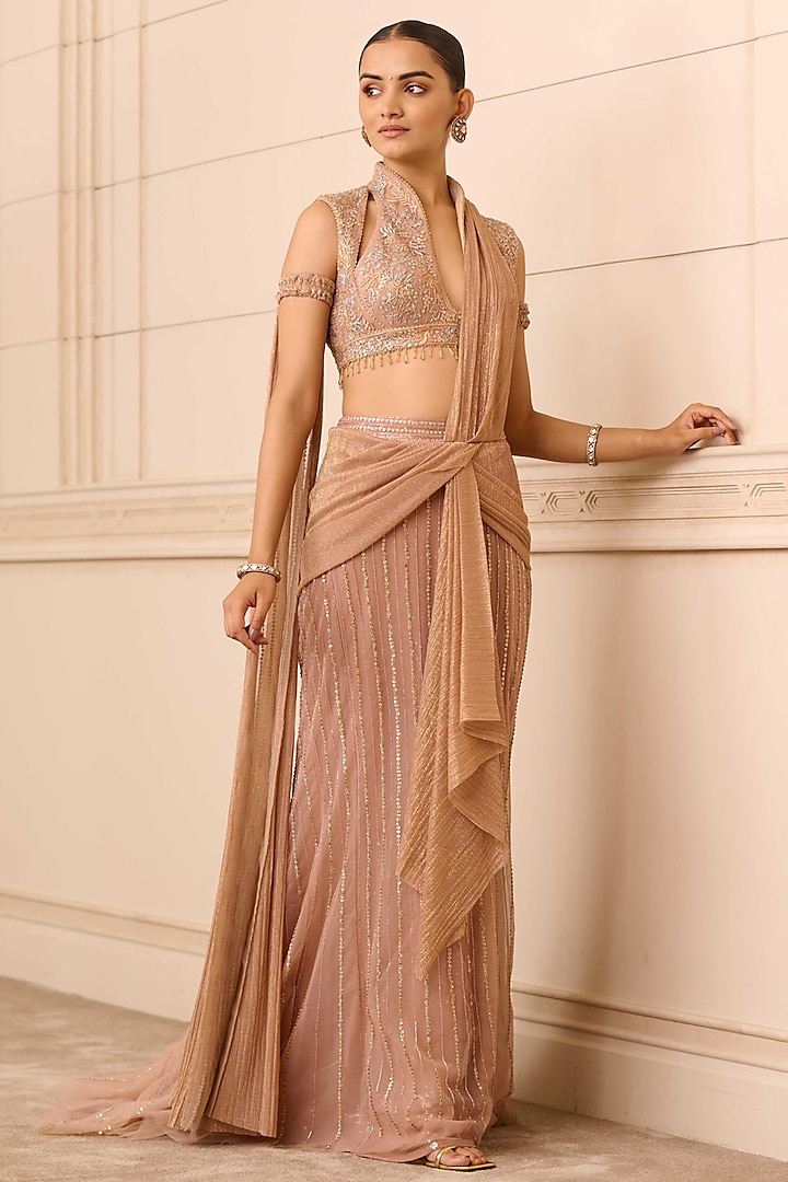 Rose Gold Tulle Hand Embroidered Concept Saree Set by Tarun Tahiliani at Pernia's Pop Up Shop