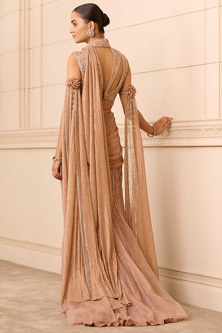 Rose Gold Tulle Hand Embroidered Concept Bridal Saree Set by Tarun Tahiliani at Pernia's Pop Up Shop