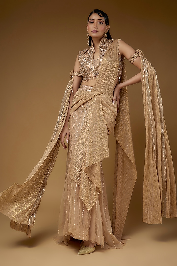 Beige Tulle Embroidered Concept Saree Set by Tarun Tahiliani at Pernia's Pop Up Shop