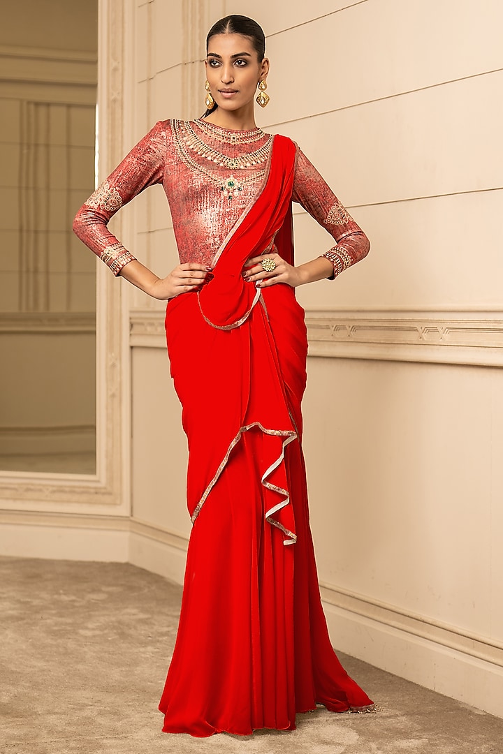 Red Georgette Crystal Work Draped Concept Saree Set by Tarun Tahiliani at Pernia's Pop Up Shop