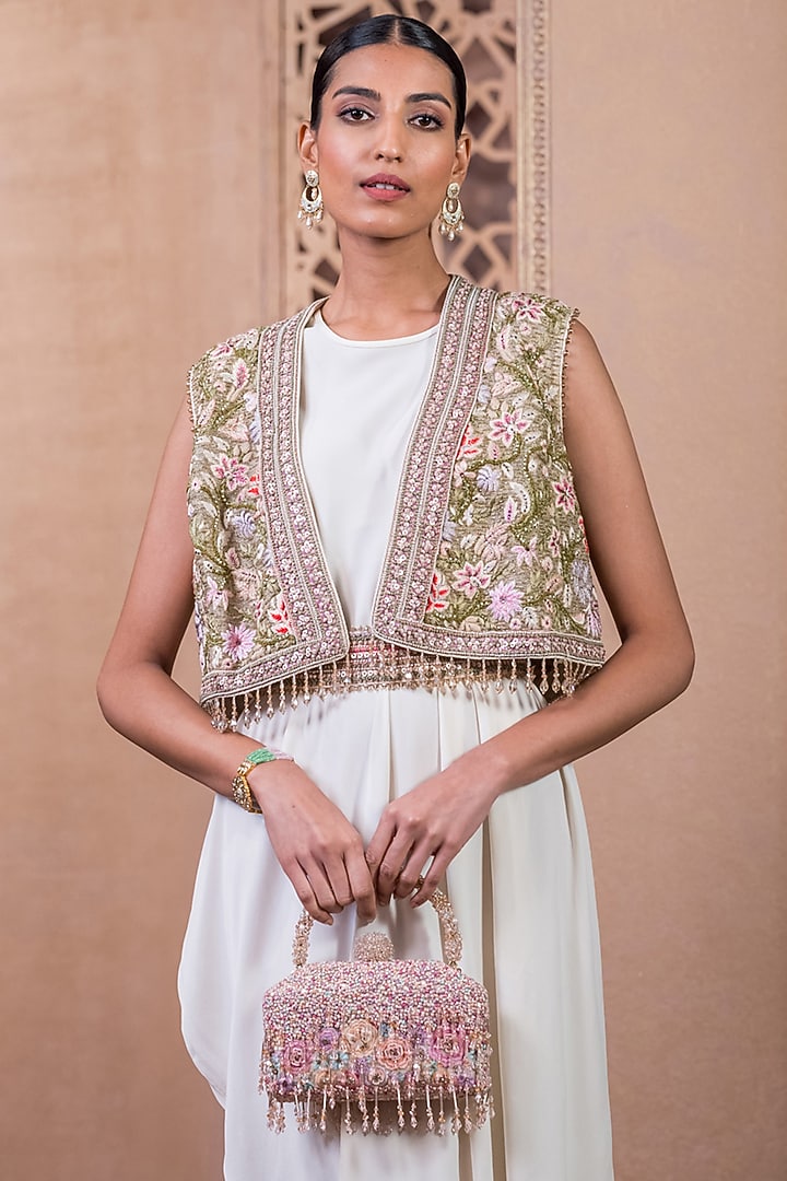 Ivory Silk Georgette Hand Embroidered Jacket Party Wear Dress by Tarun Tahiliani at Pernia's Pop Up Shop
