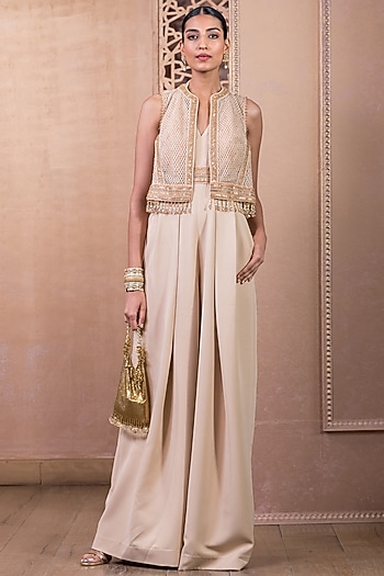 Beige Banana Crepe Jumpsuit With Gilet by Tarun Tahiliani