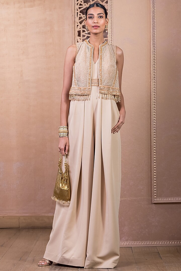 Beige Banana Crepe Jumpsuit With Gilet by Tarun Tahiliani at Pernia's Pop Up Shop