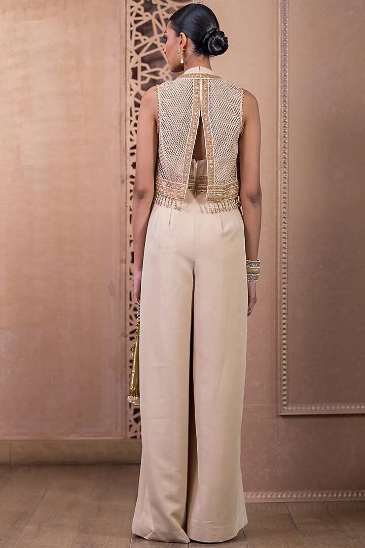 Beige Banana Crepe Jumpsuit With Gilet by Tarun Tahiliani at Pernia's Pop Up Shop
