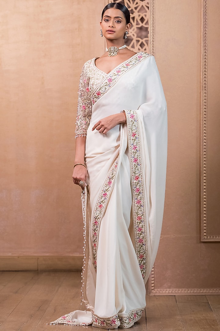 Ivory Silk Georgette Hand Embroidered Bridal Saree Set by Tarun Tahiliani at Pernia's Pop Up Shop