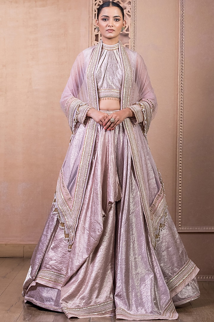 Lilac Hand Woven Brocade Draped Bridal Lehenga Set by Tarun Tahiliani at Pernia's Pop Up Shop