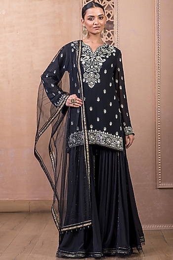 Black Georgette Sharara Set by Tarun Tahiliani