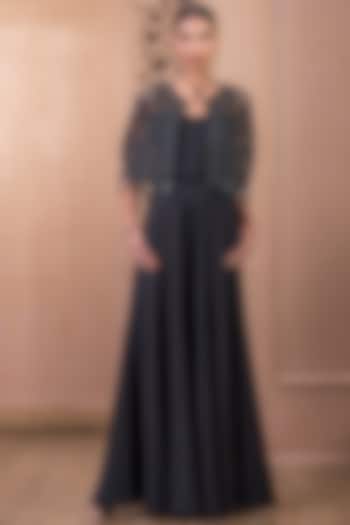 Black Banana Crepe Wide-Legged Jumpsuit With Cape by Tarun Tahiliani at Pernia's Pop Up Shop