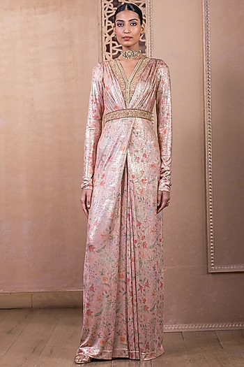 Blush Pink Foil Jersey Printed Jumpsuit by Tarun Tahiliani