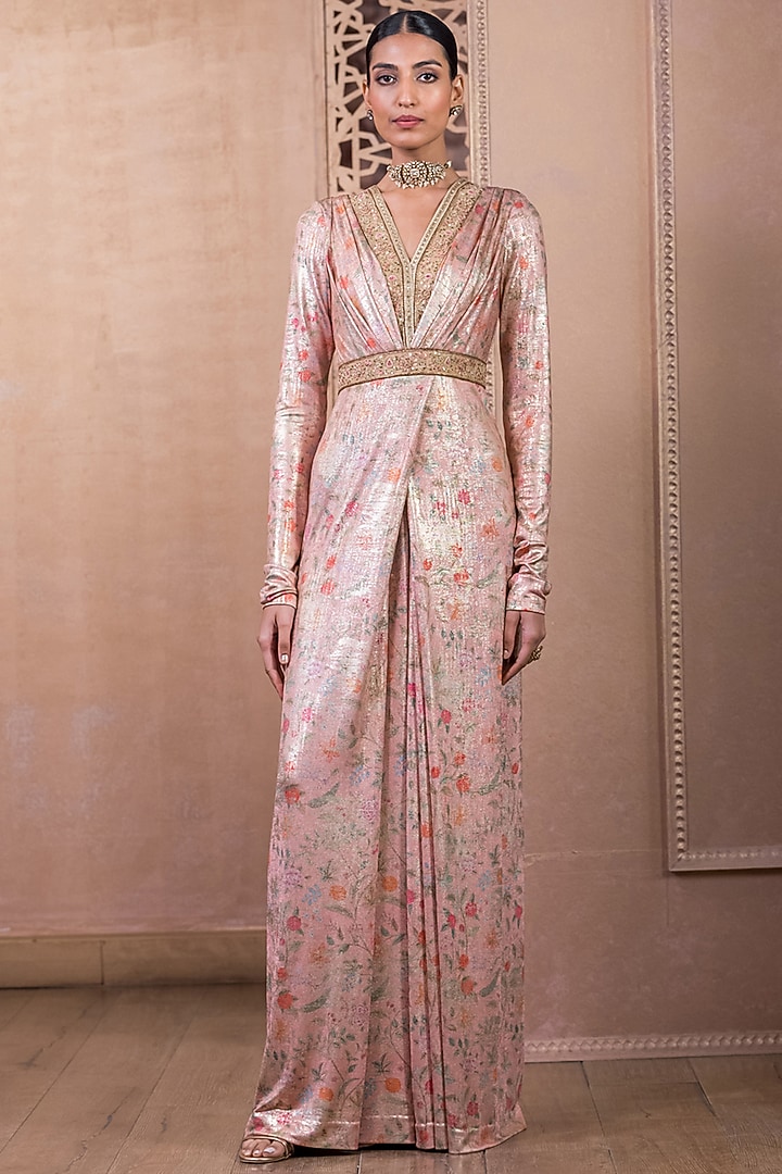 Blush Pink Foil Jersey Printed Jumpsuit by Tarun Tahiliani at Pernia's Pop Up Shop